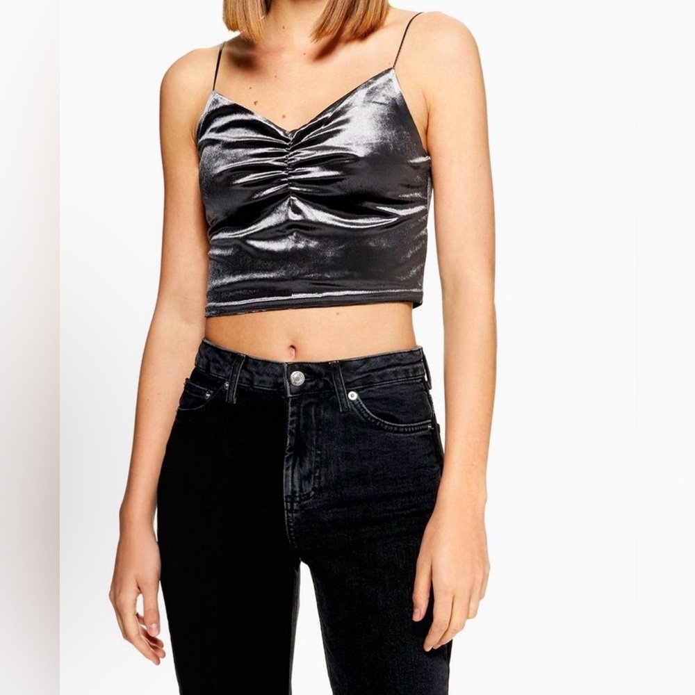 Topshop Silver Velvet Ruched Crop Cami